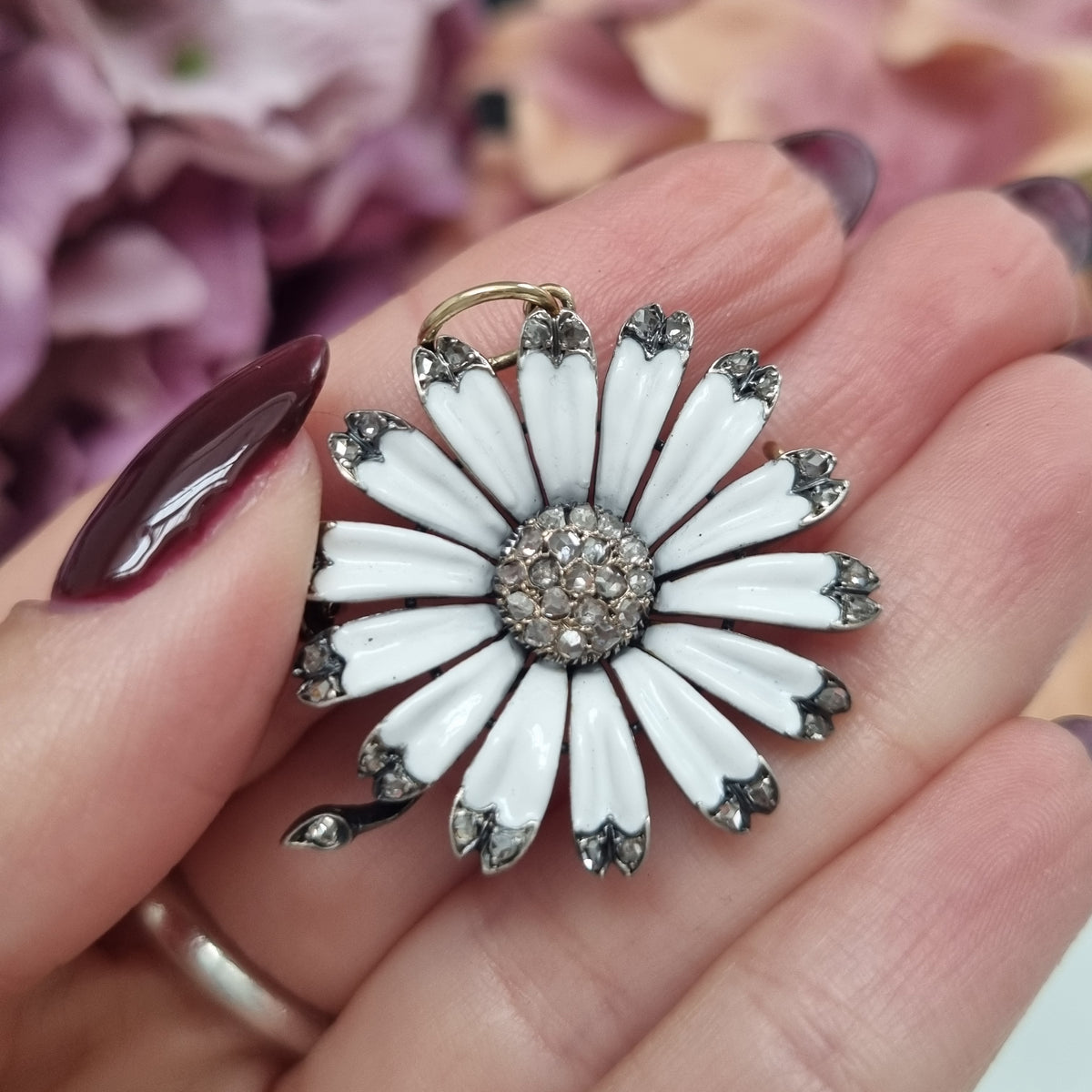 Victorian 18 Carat Gold, Silver, Enamel and Diamond Flower Brooch/Pendant