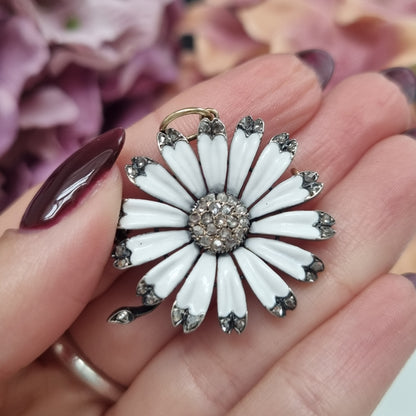 Victorian 18 Carat Gold, Silver, Enamel and Diamond Flower Brooch/Pendant