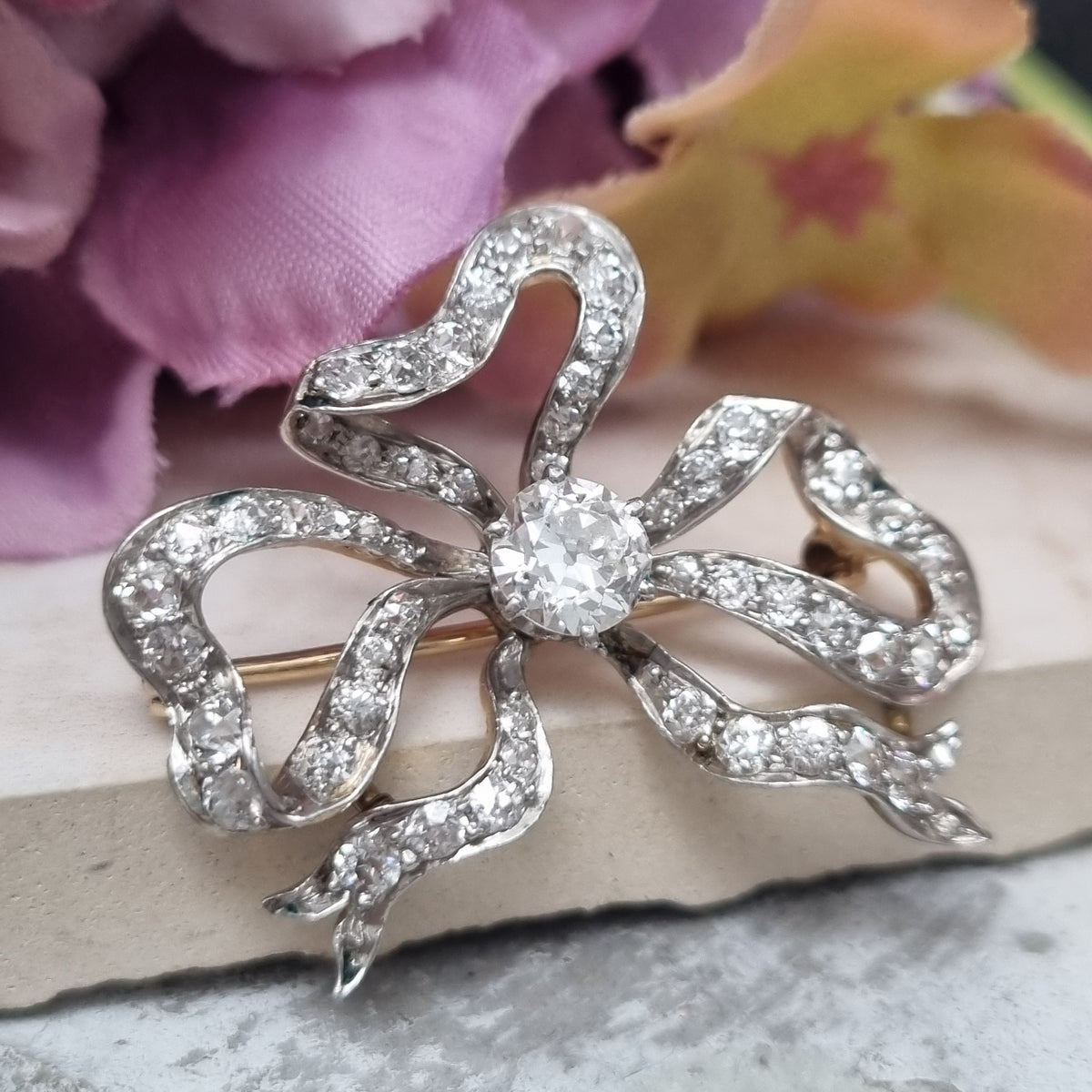 Edwardian Antique Old Cut Diamond Bow Brooch