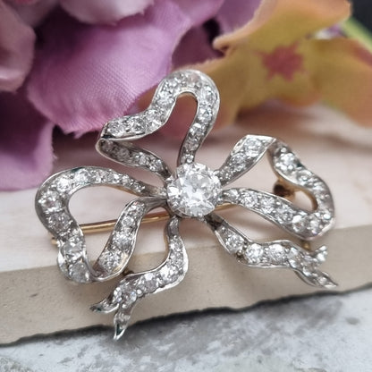 Edwardian Antique Old Cut Diamond Bow Brooch