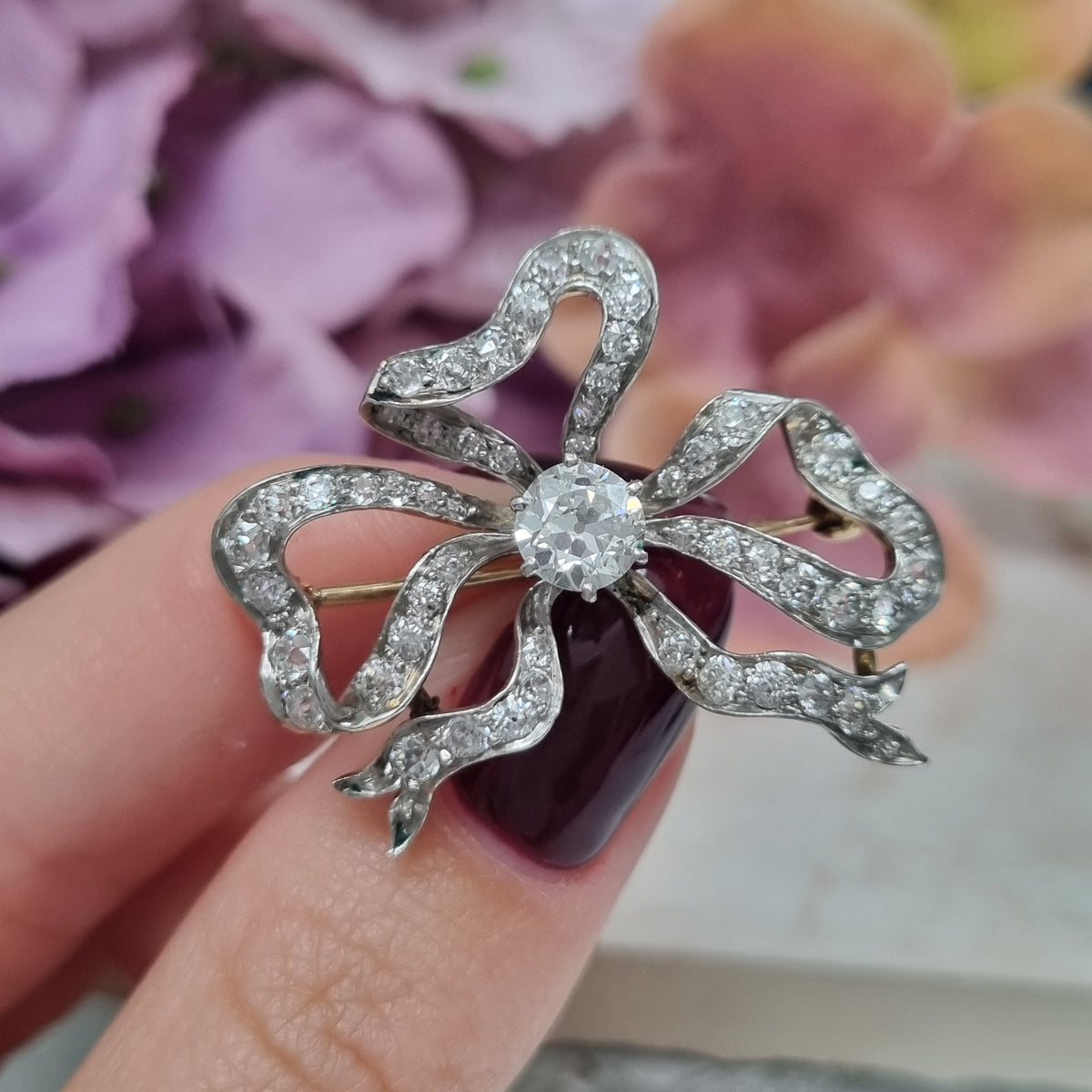 Edwardian Antique Old Cut Diamond Bow Brooch
