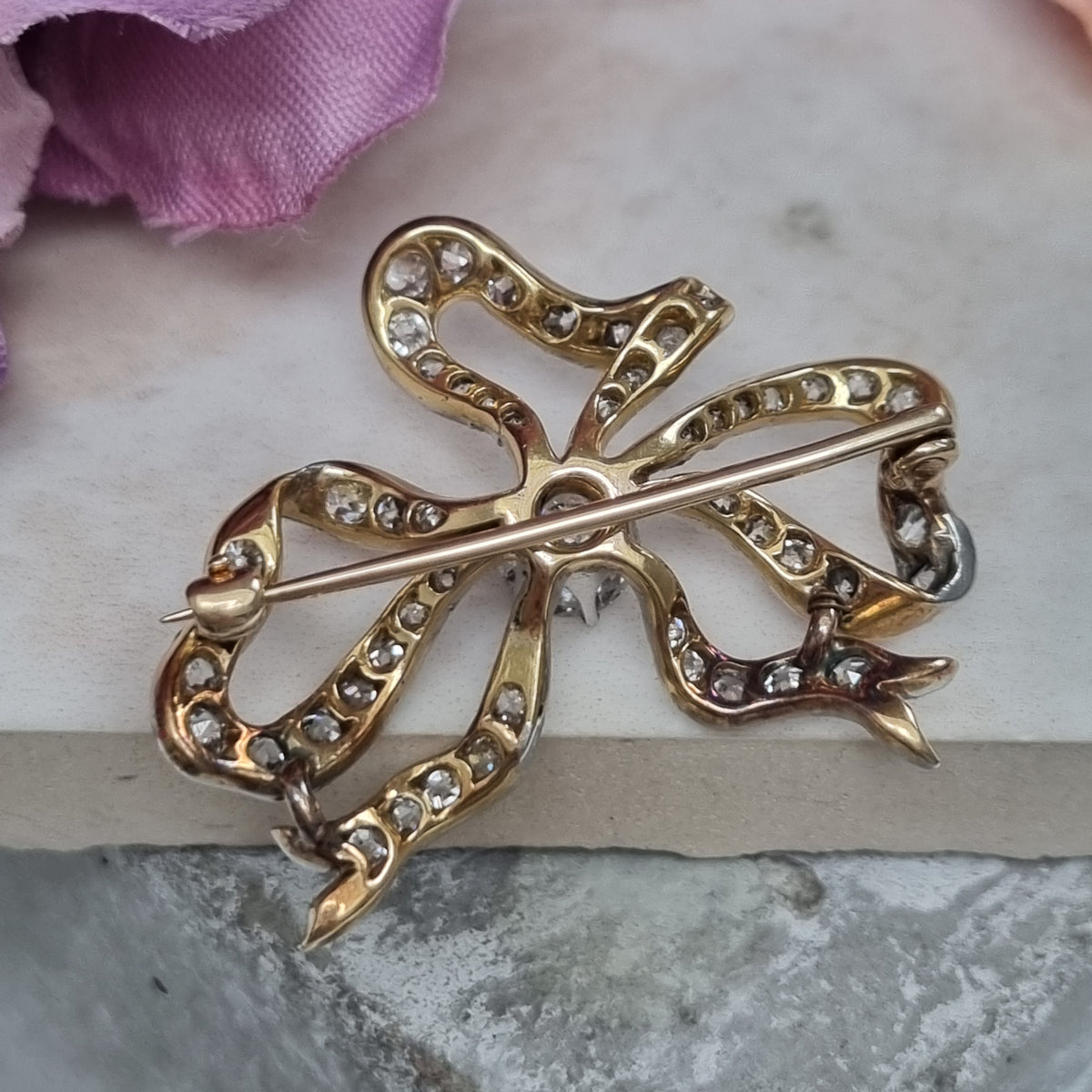 Edwardian Antique Old Cut Diamond Bow Brooch