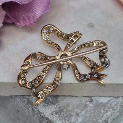 Edwardian Antique Old Cut Diamond Bow Brooch