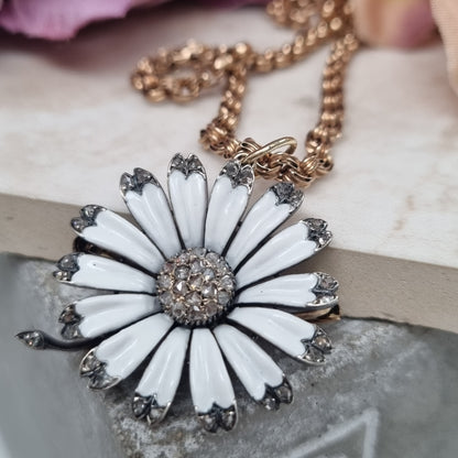 Victorian 18 Carat Gold, Silver, Enamel and Diamond Flower Brooch/Pendant