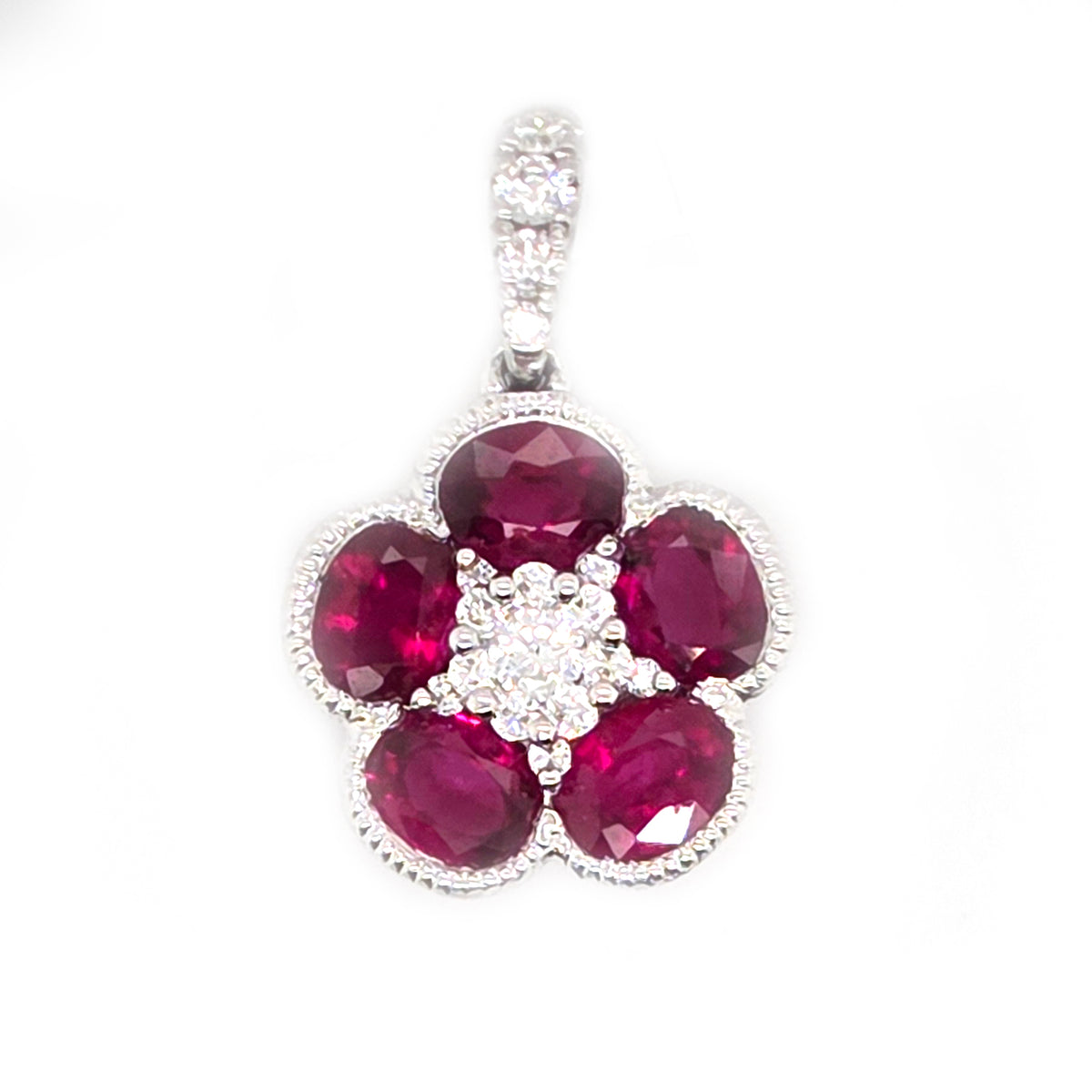 Ruby and Diamond Flower Cluster Pendant