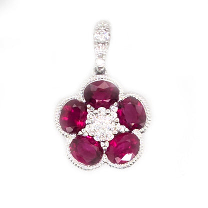 Ruby and Diamond Flower Cluster Pendant
