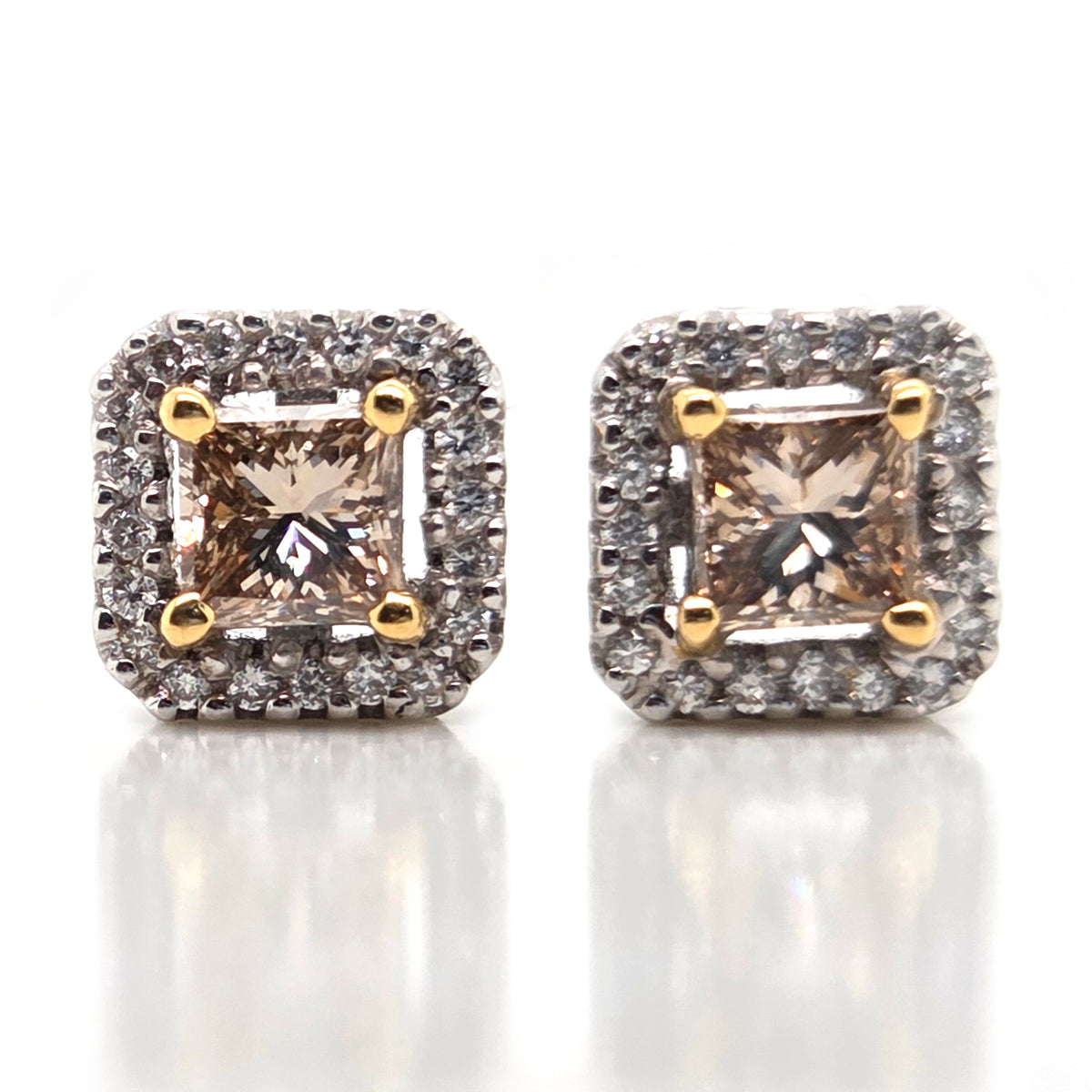 1.02ct Princess Cut Yellow Diamond and White Diamond Cluster Stud Earrings