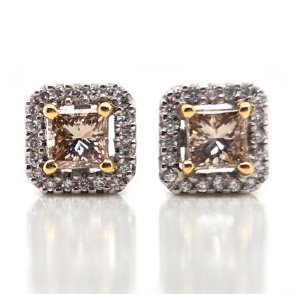 1.02ct Princess Cut Yellow Diamond and White Diamond Cluster Stud Earrings