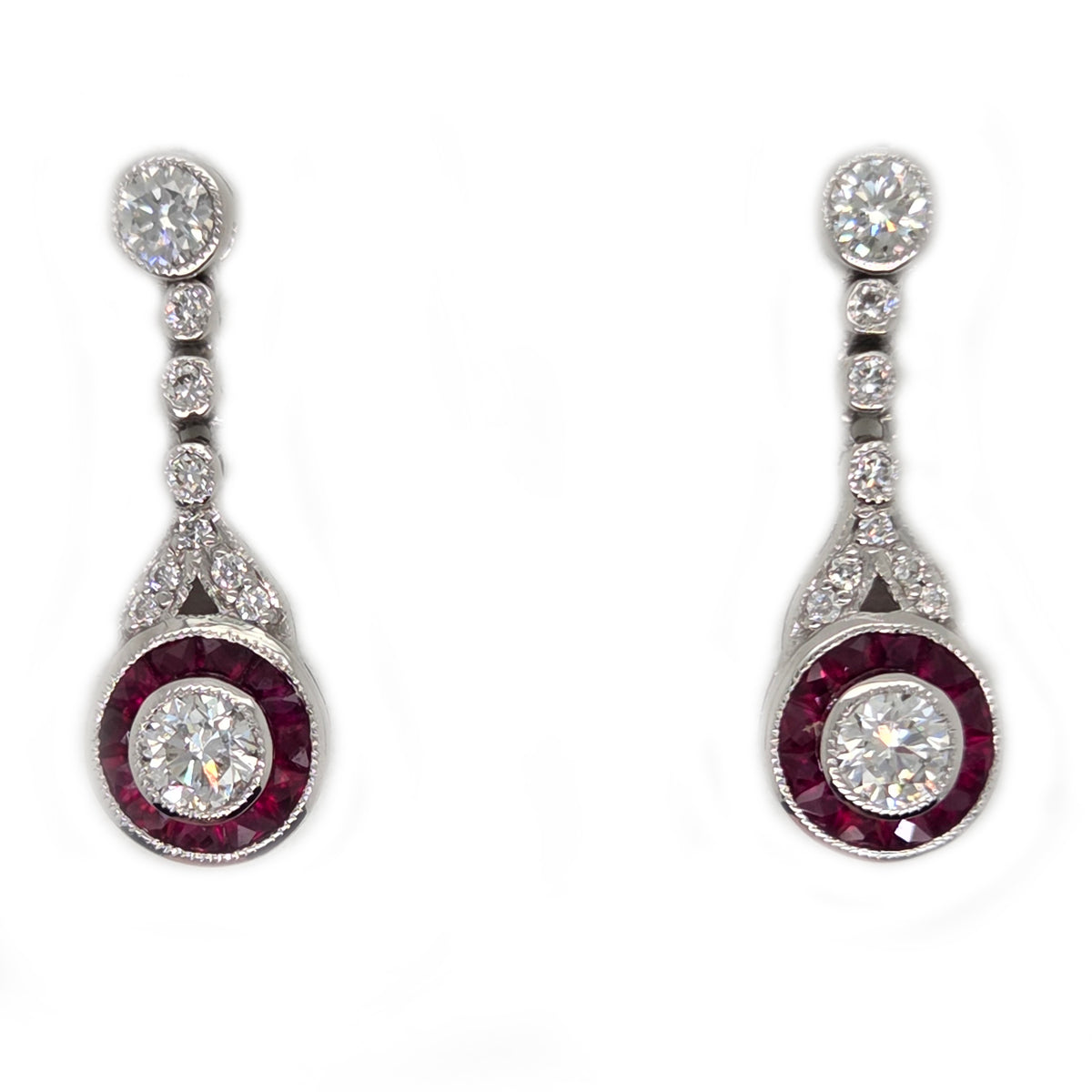 Ruby and Diamond Target Cluster Drop Earrings