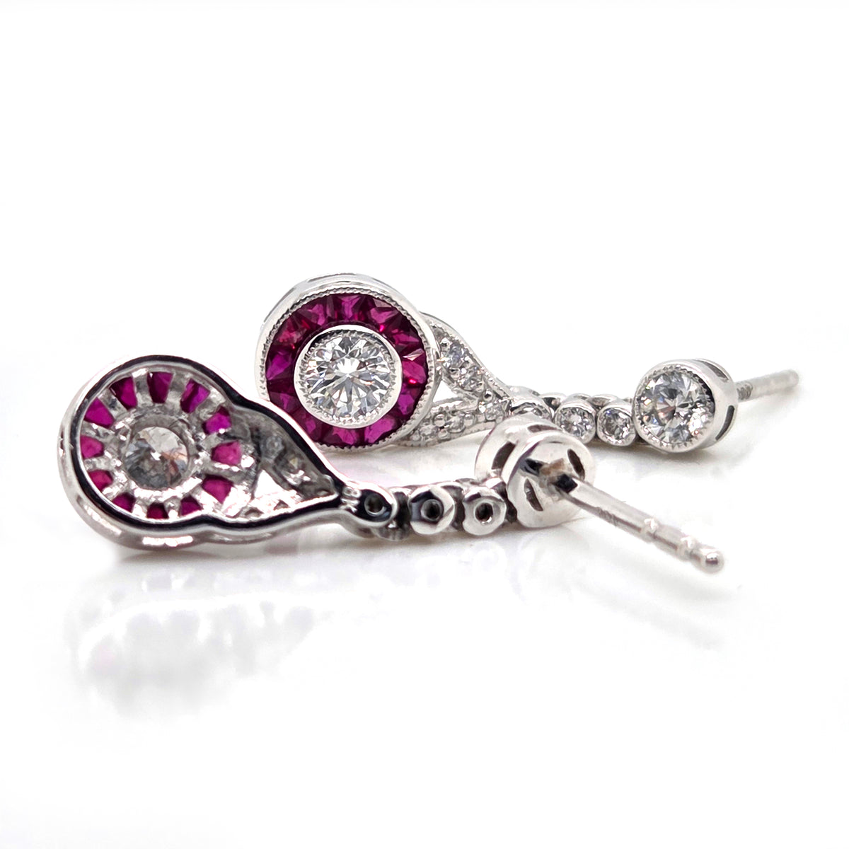Ruby and Diamond Target Cluster Drop Earrings