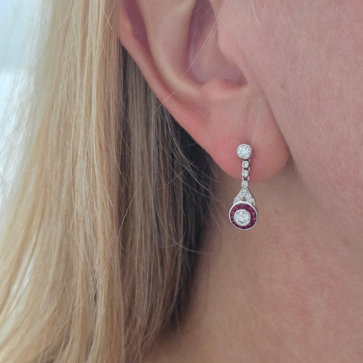 Ruby and Diamond Target Cluster Drop Earrings