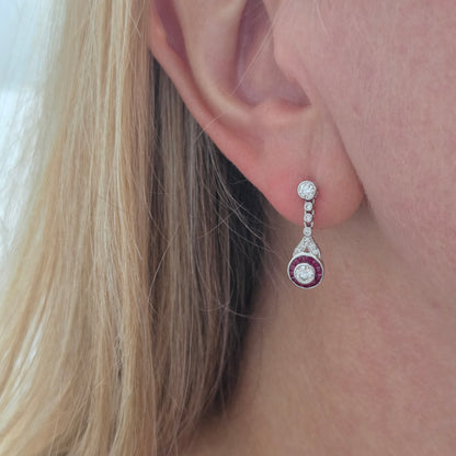 Ruby and Diamond Target Cluster Drop Earrings