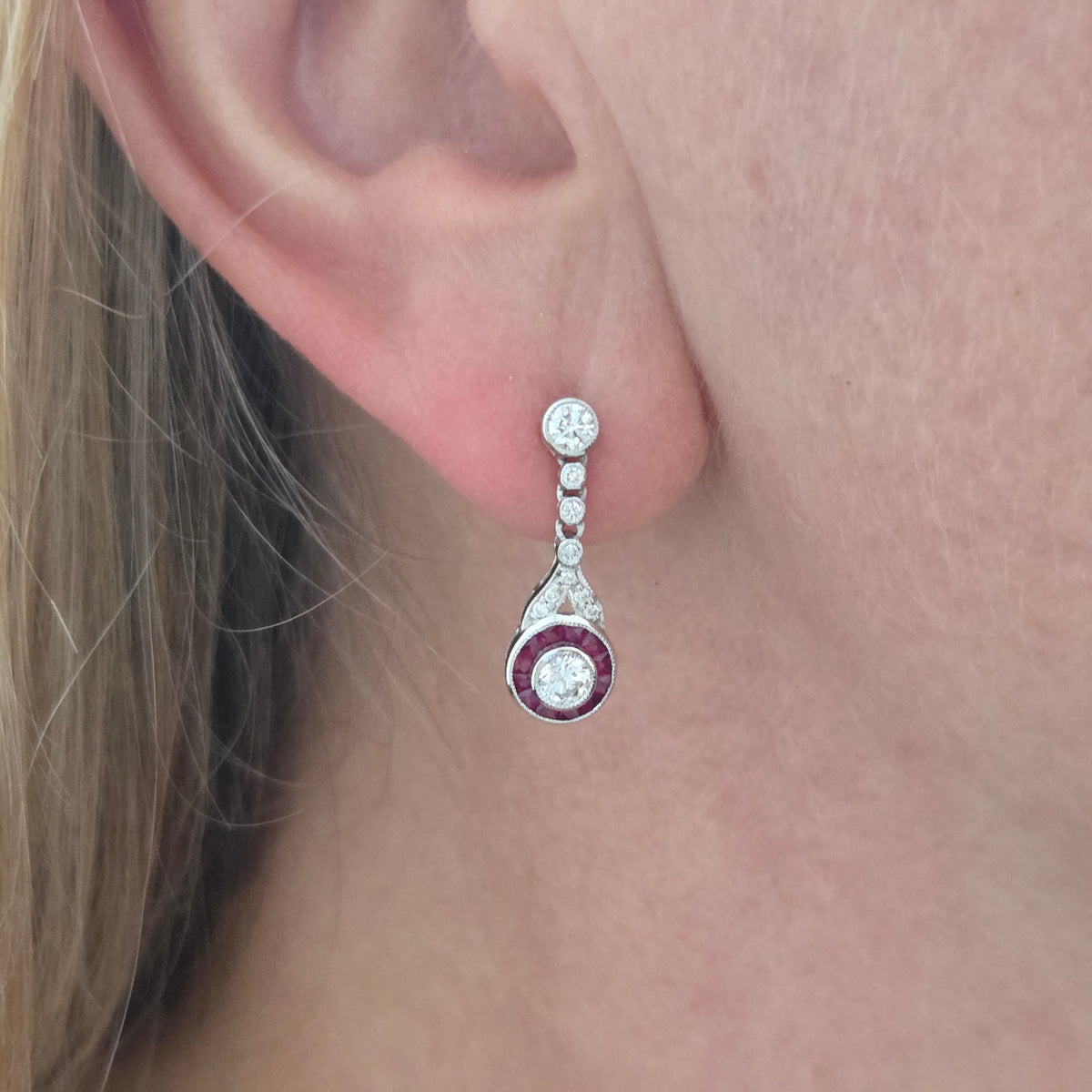 Ruby and Diamond Target Cluster Drop Earrings