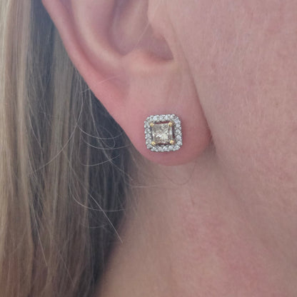 1.02ct Princess Cut Yellow Diamond and White Diamond Cluster Stud Earrings