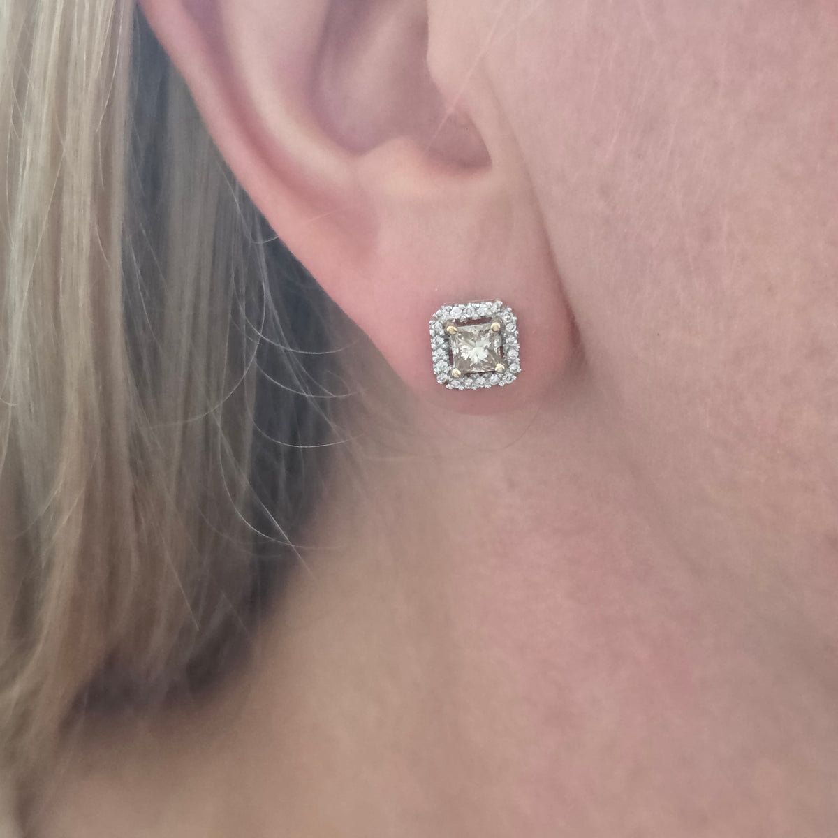 1.02ct Princess Cut Yellow Diamond and White Diamond Cluster Stud Earrings