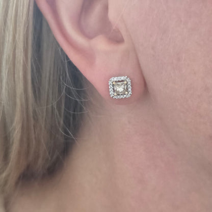 1.02ct Princess Cut Yellow Diamond and White Diamond Cluster Stud Earrings