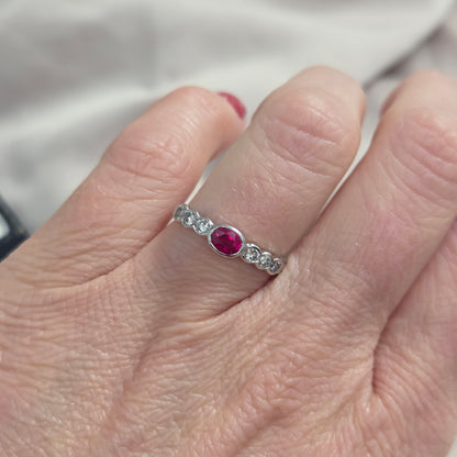Oval Ruby and Diamond Seven Stone Engagement Wedding Band Ring in 18ct White Gold