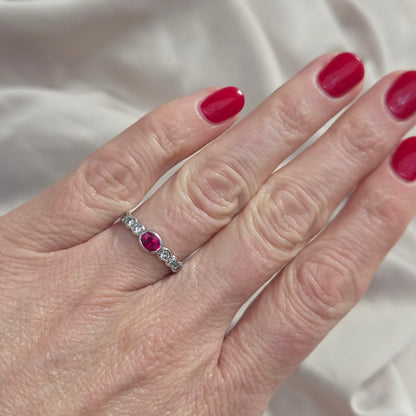 Oval Ruby and Diamond Seven Stone Engagement Wedding Band Ring in 18ct White Gold
