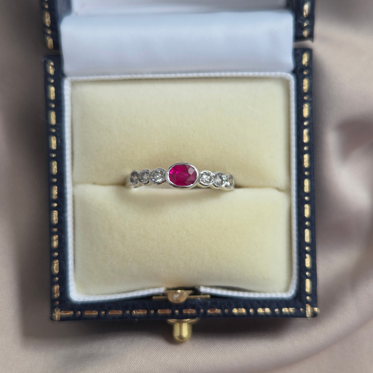 Oval Ruby and Diamond Seven Stone Engagement Wedding Band Ring in 18ct White Gold