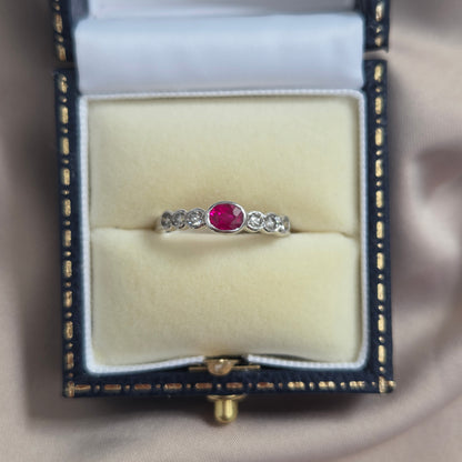 Oval Ruby and Diamond Seven Stone Engagement Wedding Band Ring in 18ct White Gold