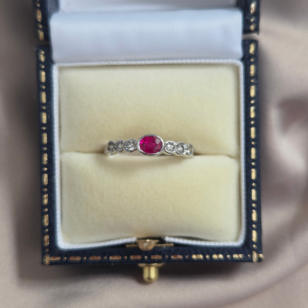 Oval Ruby and Diamond Seven Stone Engagement Wedding Band Ring in 18ct White Gold
