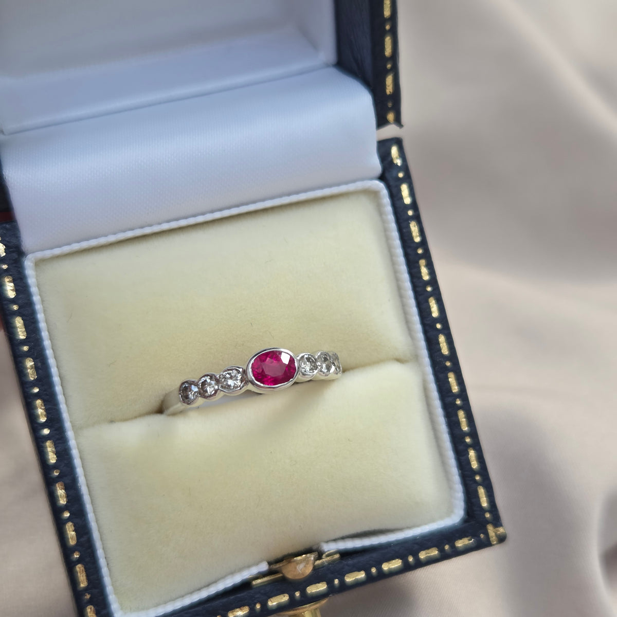 Oval Ruby and Diamond Seven Stone Engagement Wedding Band Ring in 18ct White Gold
