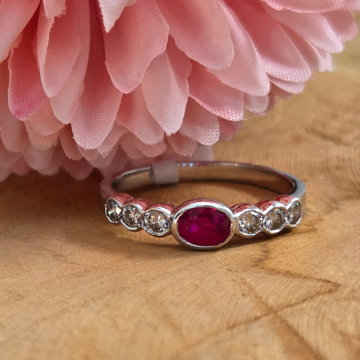 Oval Ruby and Diamond Seven Stone Engagement Wedding Band Ring in 18ct White Gold