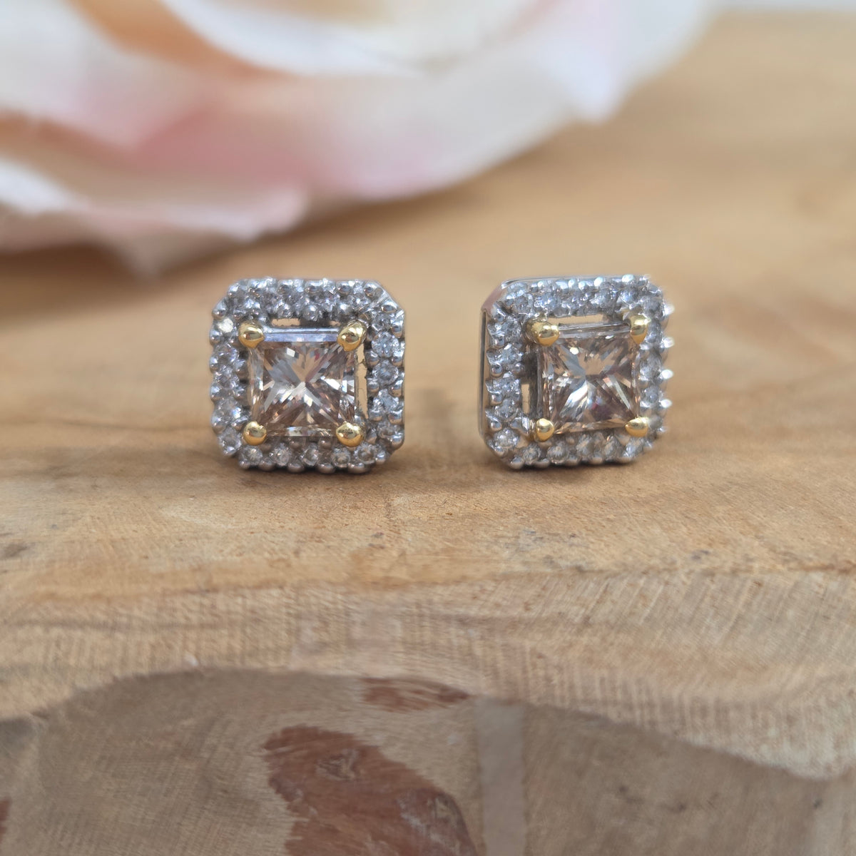 1.02ct Princess Cut Yellow Diamond and White Diamond Cluster Stud Earrings