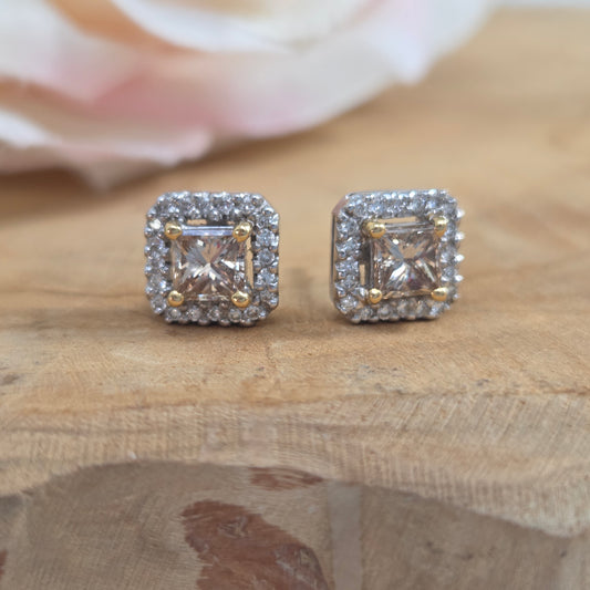 1.02ct Princess Cut Yellow Diamond and White Diamond Cluster Stud Earrings