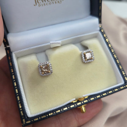 1.02ct Princess Cut Yellow Diamond and White Diamond Cluster Stud Earrings
