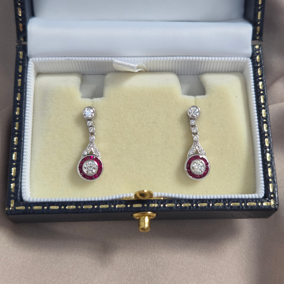 Ruby and Diamond Target Cluster Drop Earrings