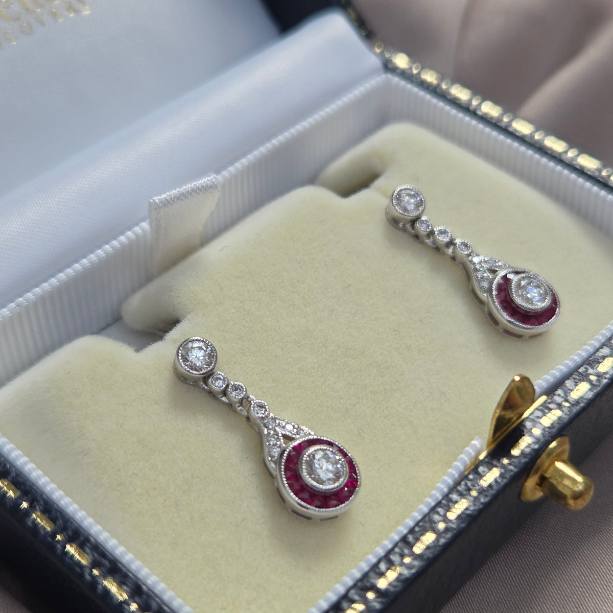 Ruby and Diamond Target Cluster Drop Earrings