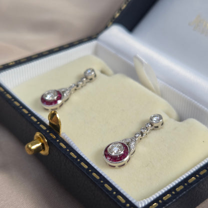 Ruby and Diamond Target Cluster Drop Earrings