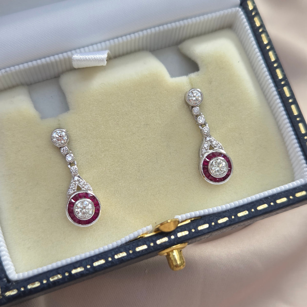 Ruby and Diamond Target Cluster Drop Earrings
