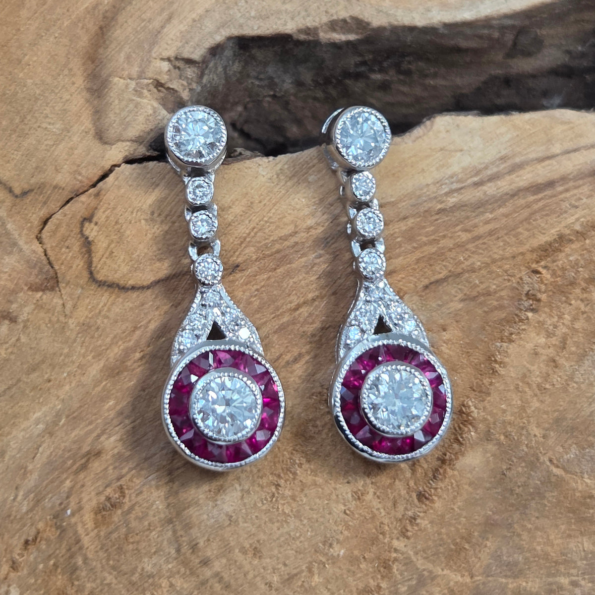 Ruby and Diamond Target Cluster Drop Earrings