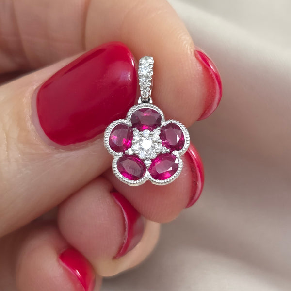 Ruby and Diamond Flower Cluster Pendant