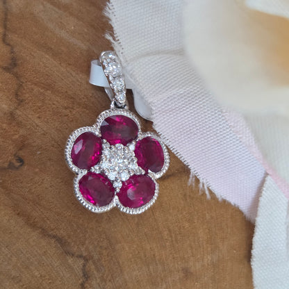 Ruby and Diamond Flower Cluster Pendant