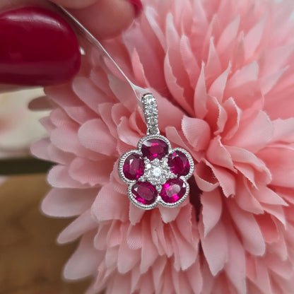 Ruby and Diamond Flower Cluster Pendant