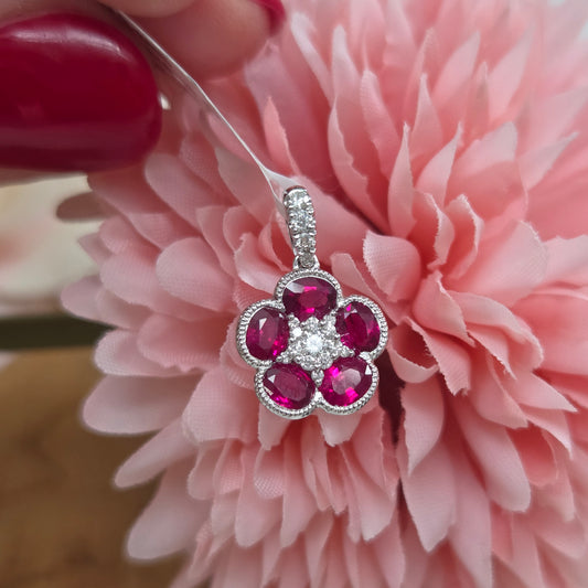 Ruby and Diamond Flower Cluster Pendant
