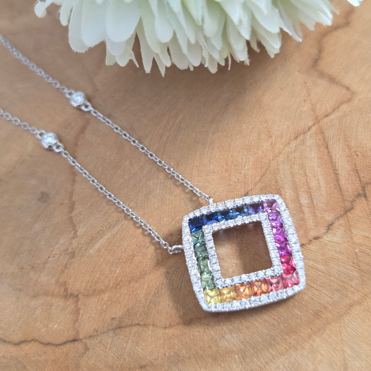 Fancy Multi Colour Sapphire and Diamond Pendant Necklace