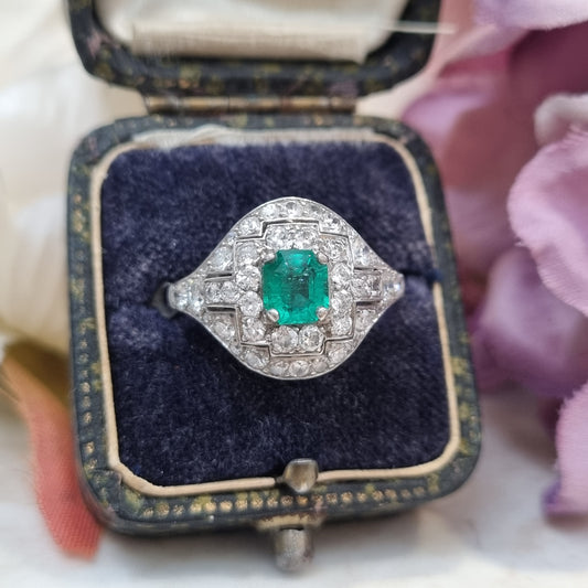 Art Deco Emerald and Diamond Cluster Dress Ring in Platinum