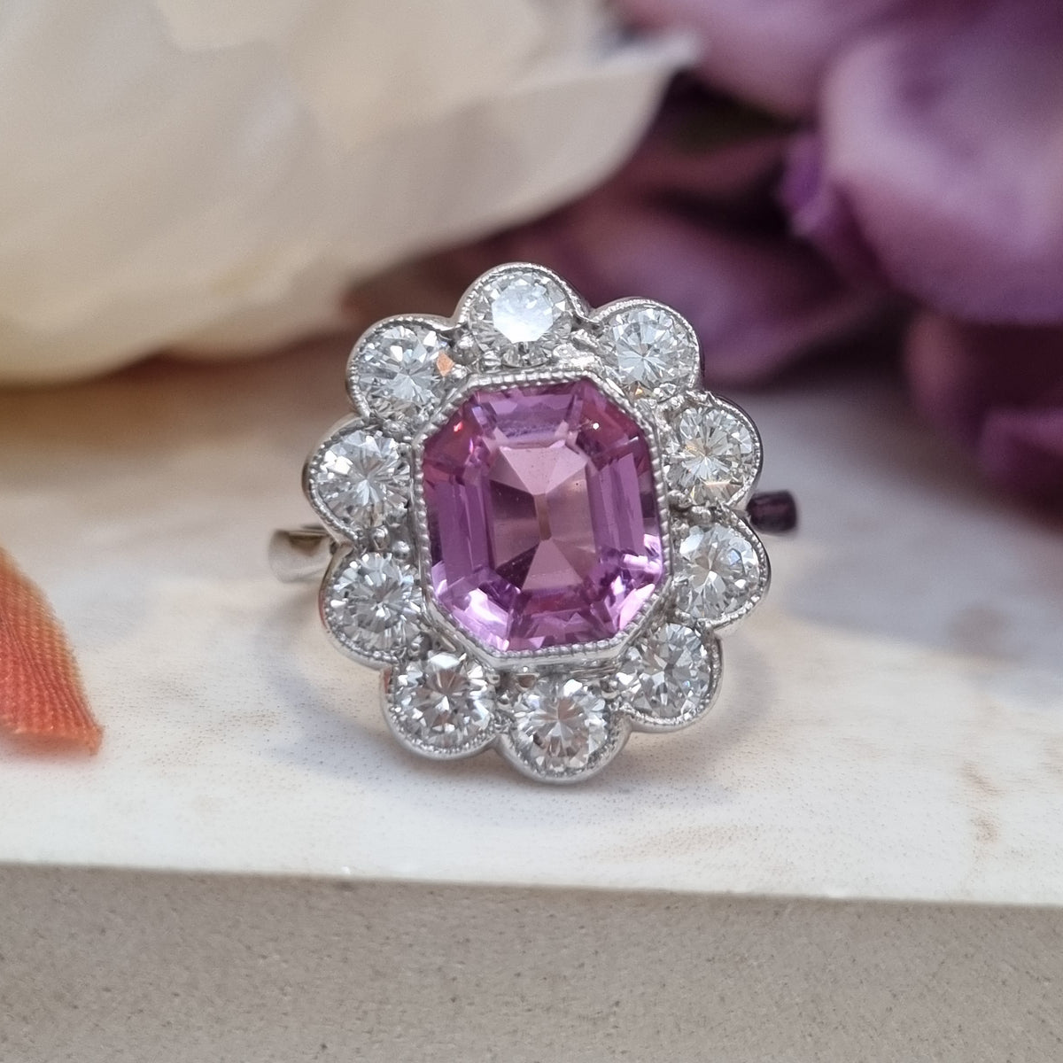 Vintage 1.30ct Pink Topaz and Diamond Cluster Ring
