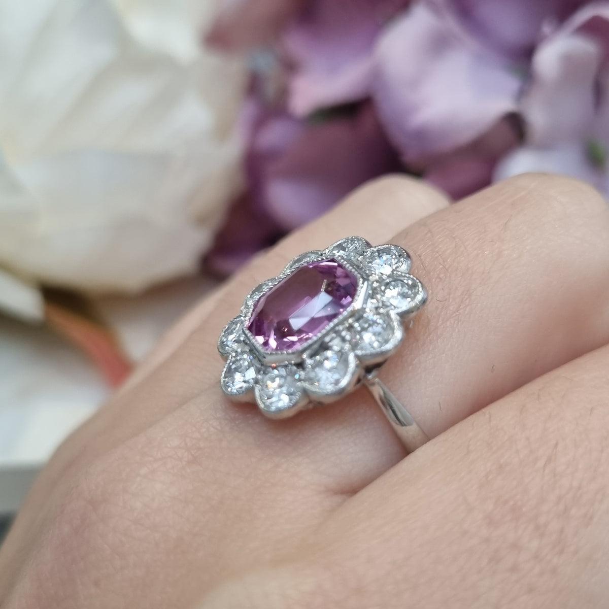 Vintage 1.30ct Pink Topaz and Diamond Cluster Ring