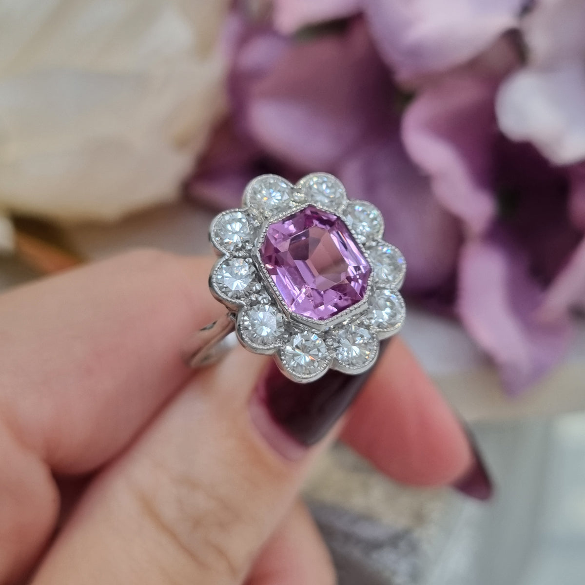Vintage 1.30ct Pink Topaz and Diamond Cluster Ring