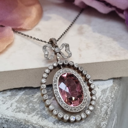 Edwardian Antique Pink Tourmaline and Diamond Cluster Bow Pendant
