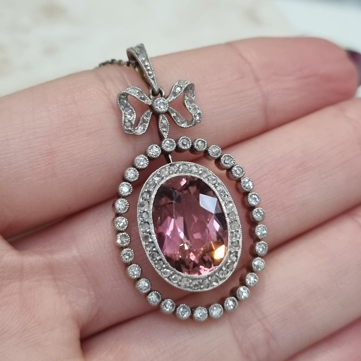 Edwardian Antique Pink Tourmaline and Diamond Cluster Bow Pendant