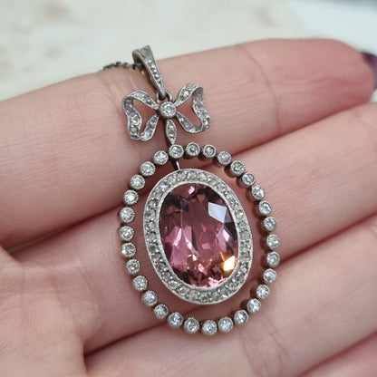 Edwardian Antique Pink Tourmaline and Diamond Cluster Bow Pendant
