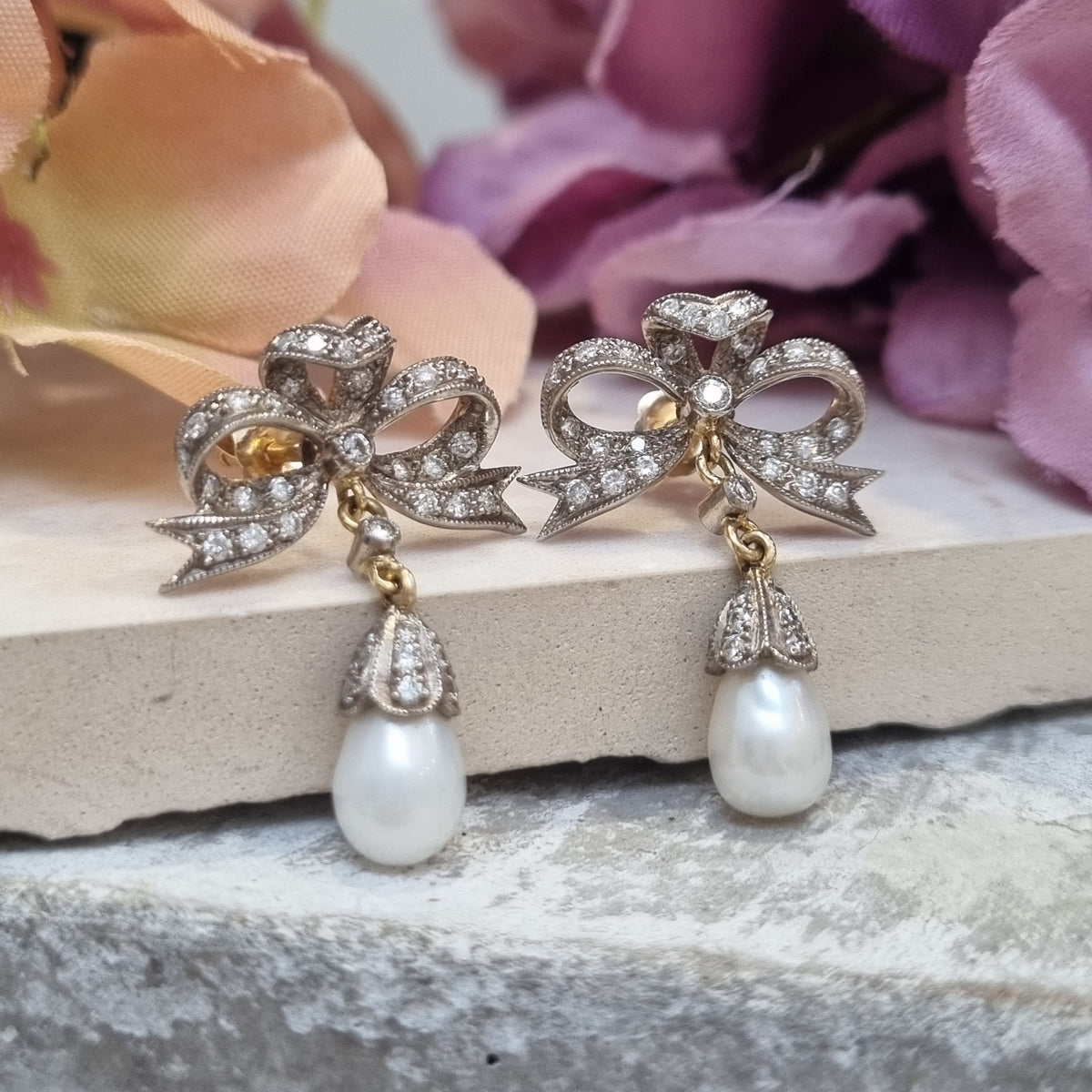 Edwardian Antique Old Cut Diamond Bow and Pearl Drop Earrings