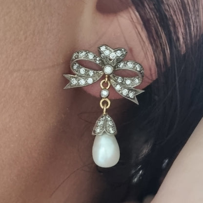 Edwardian Antique Old Cut Diamond Bow and Pearl Drop Earrings