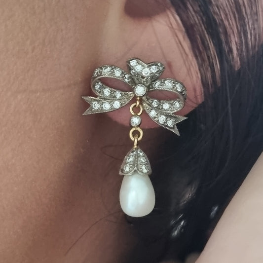 Edwardian Antique Old Cut Diamond Bow and Pearl Drop Earrings
